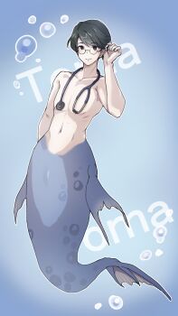 1boy air_bubble bare_shoulders black_hair blue_tail blush brown_eyes brushing_hair bubble character_name collarbone commentary_request english_text fins glasses groin highres komena_(shinyday312) male_focus merman monster_boy navel original pectorals round_eyewear scales semi-rimless_eyewear short_hair smile solo stethoscope_around_neck under-rim_eyewear