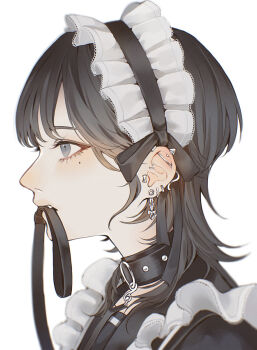1girl animal_collar barbell_piercing black_collar black_hair collar commentary_request ear_piercing earrings fang frills from_side highres industrial_piercing jewelry leash_in_mouth maid maid_headdress mole mole_under_eye mouth_hold original piercing portrait profile simple_background solo tsubame-shi_(tubame) white_background wolf_cut