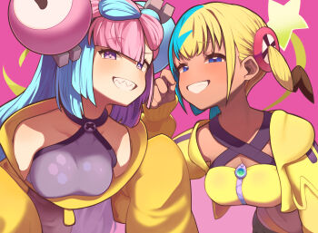 2girls absurdres canari_(pokemon) dark-skinned_female dark_skin highres iono_(pokemon) multiple_girls nintendo pokemon pokemon_legends:_z-a pokemon_sv sharp_teeth teeth wanawanya