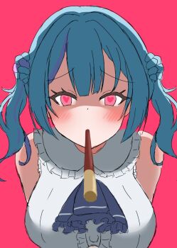 1girl arms_behind_back blue_hair blush breasts flat_color food frills heart heart-shaped_pupils highres lace large_breasts leaning_forward looking_at_viewer marimo_pasta multicolored_hair original pink_background pink_eyes pocky pocky_day purple_hair symbol-shaped_pupils two-tone_hair unfinished