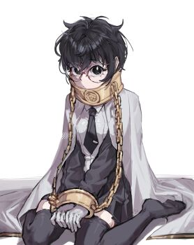 1girl absurdres bennett_soap black_eyes black_hair black_necktie black_skirt black_sleeves black_thighhighs bound bound_wrists bright_pupils chain chained_wrists cloak collar commentary english_commentary full_body glasses gold_chain gold_trim hands_on_lap highres limbus_company long_sleeves looking_at_viewer messy_hair metal_collar miniskirt necktie pleated_skirt project_moon round_eyewear sailor_collar shirt short_hair sitting skirt solo sora_(project_moon) symbol-only_commentary thighhighs tie_clip white_cloak white_pupils white_shirt yokozuwari zettai_ryouiki