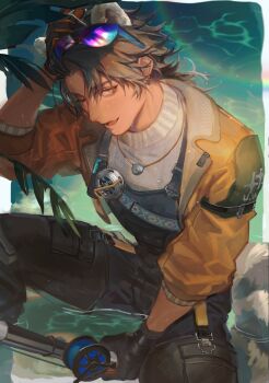 1boy alesh_(arknights) animal_ears arknights arknights:_endfield arm_up black_gloves black_overalls brown_hair commentary english_commentary eyewear_on_head fishing_rod gloves highres holding holding_fishing_rod jacket lapels looking_to_the_side male_focus notched_lapels one_eye_closed open_clothes open_jacket open_mouth overalls raccoon_boy raccoon_ears raccoon_tail renos sideways_glance sitting smile solo sunglasses sweater tail turtleneck turtleneck_sweater water white_sweater