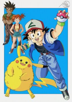 1980s_(style) 1girl 2boys artist_request ash_ketchum black_hair border brock_(pokemon) creepy dark-skinned_male dark_skin fingerless_gloves full_body gen_1_pokemon gloves hands_on_own_hips happy highres holding holding_poke_ball jumping misty_(pokemon) multiple_boys nintendo oldschool open_mouth orange_hair parody pikachu poke_ball pokemon retro_artstyle short_shorts shorts side_ponytail smile style_parody toriyama_akira_(style) what white_border