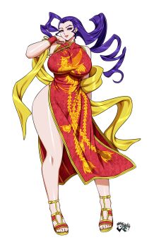 1girl bare_legs bare_shoulders breasts capcom china_dress chinese_clothes commission commissioner_upload cosplay dead_or_alive dead_or_alive_5 dress drill_hair hand_on_chin high_heel_sandals high_heels highres jadenkaiba large_breasts lei_fang lei_fang_(cosplay) looking_at_viewer makeup purple_eyes rose_(street_fighter) sandals scarf smile street_fighter street_fighter_zero_(series) toenails toes yellow_scarf
