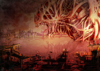 Rule 34 | akakatta, creature, creepy, dark, fangs, giant, lake, monster, open mouth, reflection, tongue, water