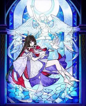 1girl absurdres anna_(drw01) barefoot bird black_hair blue_background blue_flower blunt_bangs colored_inner_hair columbina_(genshin_impact) commentary_request dress eye_mask flower genshin_impact gradient_hair highres kuuhenki_(genshin_impact) long_hair luonnotar_(genshin_impact) mask multicolored_hair multiple_girls purple_eyes red_hair smile stained_glass statue streaked_hair two-tone_hair very_long_hair white_dress wings