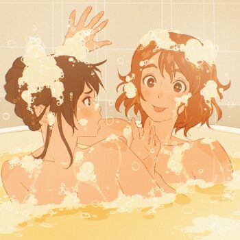 2girls 55bata6rou arm_up bath bathing bathroom bathtub black_hair blush brown_eyes brown_hair hibike!_euphonium highres kousaka_reina looking_at_another multiple_girls nude open_mouth oumae_kumiko partially_submerged profile same-sex_bathing shared_bathing short_hair smile soap_bubbles tile_wall tiles tongue tongue_out upper_body water wet yuri