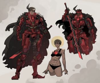 1girl armor black_bra black_cape black_panties bra brown_hair cape dark-skinned_female dark_skin day_of_wrath_(infinitypilot) demon_girl demon_horns doom:_the_dark_ages doom_(2016) doom_(series) elite_guard_(doom) fantasy formal_clothes fur_cape gem helmet highres ho-uja holding holding_sword holding_weapon horns jewelry knight medieval muscular muscular_female necklace night_sentinel original panties red_armor red_gemstone red_suit ruby_taylor_(day_of_wrath) short_hair suit sword templar underwear vorpal_sword_(day_of_wrath) warrior weapon