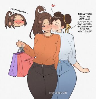 artist_name blush breasts capcom celebelian chun-li couple fatal_fury full_body kiss kissing_cheek large_breasts long_hair pants shiranui_mai shirt short_hair simple_background smile street_fighter thighs twitter_username white_background yuri