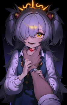 1boy 1girl absurdres blue_archive blush brown_ribbon dress eyeball_hair_ornament grey_hair hachirodesu hair_over_one_eye halo heart heart-shaped_pupils highres holding_another&#039;s_arm kanoe_(blue_archive) long_hair looking_at_viewer open_mouth orange_halo pinafore_dress pov ribbon scar scar_on_neck sensei_(blue_archive) sleeveless sleeveless_dress smile symbol-shaped_pupils two_side_up yellow_eyes