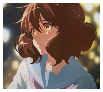 1girl blue_sailor_collar blurry blurry_background border brown_eyes brown_hair closed_mouth commentary fluffy_hair hibike!_euphonium kitauji_high_school_uniform looking_to_the_side oumae_kumiko pink_sailor_collar portrait sailor_collar school_uniform shirt short_hair solo summer_uniform usagihop wavy_hair white_border white_shirt