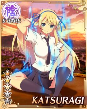 1girl arm_behind_head aura blonde_hair blue_necktie blue_ribbon blue_skirt breasts card_(medium) game_cg green_eyes hair_ribbon hanzou_academy_school_uniform katsuragi_(senran_kagura) large_breasts long_hair necktie non-web_source official_alternate_costume official_art ribbon school_uniform scratching_head senran_kagura senran_kagura_new_wave sitting skirt solo