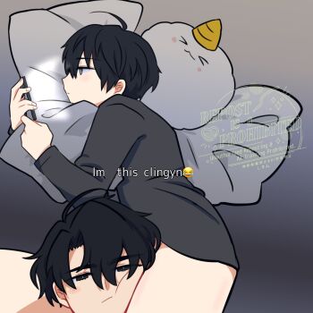 2boys :/ biyoo_(omniscient_reader&#039;s_viewpoint) black_eyes black_hair black_shirt collared_shirt double-parted_bangs hair_between_eyes hashtag-only_commentary head_between_thighs highres holding holding_phone hugging_object i&#039;m_this_clingy_(meme) kim_dokja kimidori_22 looking_at_phone male_focus meme multiple_boys no_pants omniscient_reader&#039;s_viewpoint phone popped_collar shirt short_hair yoo_joonghyuk