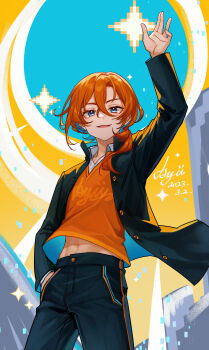 1boy arm_up ayiiiyiii black_jacket black_pants blue_eyes bungou_stray_dogs hair_ornament hand_up highres jacket long_hair long_sleeves male_focus midriff nakahara_chuuya_(bungou_stray_dogs) navel open_clothes open_jacket open_mouth open_shirt orange_hair orange_shirt pants shirt solo