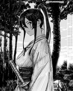 1girl breasts commentary from_side frown greyscale hair_between_eyes hatching_(texture) high_ponytail highres instagram_username japanese_clothes jigokuraku kimono large_breasts looking_at_viewer monochrome obi pillarboxed ponytail ronin sash scar scar_across_eye scar_on_face seveninks sheath sheathed sidelocks solo tree upper_body yamada_asaemon_sagiri