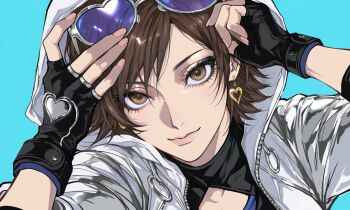 1girl black_gloves blue-tinted_eyewear blue_background brown_eyes brown_hair closed_mouth commentary earrings english_commentary eyewear_on_head fingerless_gloves gloves heart heart-shaped_eyewear heart_earrings hood hooded_jacket jacket jewelry kazama_asuka looking_at_viewer short_hair simple_background smile solo sr_dewitt1999 tekken tekken_8 tinted_eyewear white_jacket