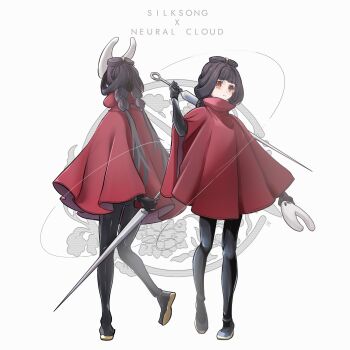 absurdres black_bodysuit bodysuit brown_eyes brown_hair chanzhi_(neural_cloud) cloak cosplay from_behind girls&#039;_frontline girls&#039;_frontline_neural_cloud highres holding holding_mask holding_weapon hollow_knight hollow_knight:_silksong hornet_(hollow_knight) hornet_(hollow_knight)_(cosplay) latex latex_bodysuit long_hair looking_at_viewer lotan mask multiple_views needle_(hollow_knight) over_shoulder qbu-88_(girls&#039;_frontline) red_cloak unworn_mask very_long_hair weapon weapon_over_shoulder