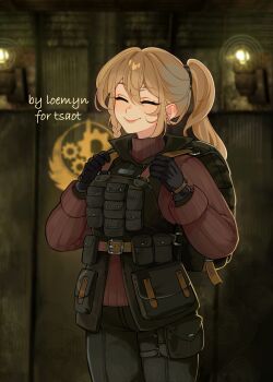 1girl absurdres blonde_hair blurry blurry_background brotherhood_of_steel closed_eyes fallout fallout:_new_vegas highres loemyn original ponytail smile solo turtleneck watermark