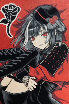 1boy armor black_boots black_flower black_hat black_shorts boots bright_pupils capelet flower grey_hair hat hat_flower highres hugging_own_legs japanese_armor kyogoku_masamune lace-up_boots long_sleeves looking_at_viewer male_focus multicolored_hair parted_lips red_background red_capelet red_eyes red_flower red_rose rose shirt short_hair shorts shoulder_armor sode solo streaked_hair thigh_boots thighs touken_ranbu traditional_media trap white_hair white_pupils yummi