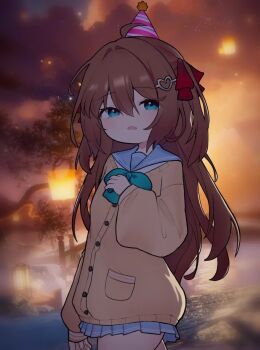 1girl ahoge aqua_bow aqua_bowtie backlighting blue_eyes blue_sailor_collar blue_skirt blurry blurry_background bow bowtie bridge brown_hair cardigan cowboy_shot double-parted_bangs goyu24 hair_between_eyes hair_intakes hair_ornament hair_ribbon hand_on_own_chest hashtag-only_commentary heart heart_hair_ornament highres lantern long_hair long_sleeves mini_party_hat miniskirt neuro-sama open_mouth outdoors paper_lantern pleated_skirt puffy_long_sleeves puffy_sleeves red_ribbon ribbon sailor_collar shade skirt sky_lantern solo star_(sky) steam tree twilight two_side_up vedal_ai very_long_hair virtual_youtuber vrchat water yellow_cardigan