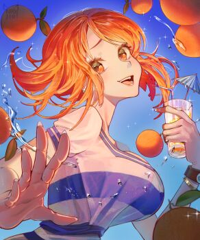 1girl absurdres bangle blue_background blush bracelet breasts commentary cup drink drinking_straw floating_hair food from_side fruit gradient_hair highres holding holding_cup jewelry kyojxn large_breasts log_pose looking_at_viewer mandarin_orange multicolored_hair nami_(one_piece) one_piece open_hand open_mouth orange_eyes orange_hair paid_reward_available shirt short_hair solo sparkle tight_clothes tight_shirt upper_body water white_shirt