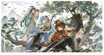 2boys 2girls absurdres alternate_costume alternate_hair_length alternate_hairstyle chinese_clothes claymore_(sword) gaming_(genshin_impact) ganyu_(genshin_impact) genshin_impact grey_sky highres holding holding_instrument holding_polearm holding_sword holding_weapon instrument karst looking_ahead looking_back mento mountainous_horizon multiple_boys multiple_girls on_branch on_one_knee outdoors polearm red_sun simple_bird sitting sky sword tree veil visible_air weapon weimao white_background wind xianyun_(genshin_impact) xiao_(genshin_impact)