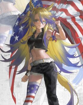 1girl american_flag american_flag_legwear american_flag_print animal_ears asymmetrical_pants bandana_around_arm belt black_pants black_shirt blonde_hair blue_eyes blue_hair bracelet breasts flag flag_print highres horse_ears horse_girl horse_tail jewelry jiye_p1 long_hair looking_at_viewer medium_breasts midriff midriff_peek multicolored_hair navel necklace obey_your_master_(umamusume) pants parted_lips shirt single_thighhigh sleeveless sleeveless_shirt smile star-shaped_pupils star_(symbol) star_necklace symbol-shaped_pupils tail thighhighs two-tone_hair umamusume umamusume:_cinderella_gray white_belt