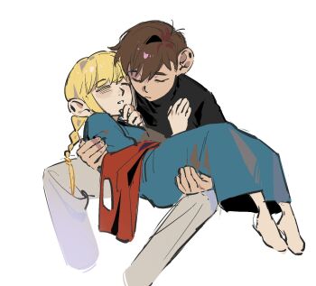 1boy 1girl black_sweater blonde_hair blue_dress braid brown_hair carrying chilchuck_tims closed_eyes closed_mouth dress dungeon_meshi grey_pants hair_between_eyes hand_on_another&#039;s_chest hand_on_own_chin hetero highres juliet_sleeves kugai697139 long_hair long_sleeves marcille_donato pants princess_carry puffy_sleeves red_vest short_hair simple_background single_braid sitting sleeping sweater tan teeth turtleneck turtleneck_sweater unworn_clothes vest white_background