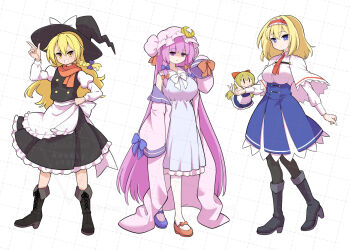 3girls adapted_costume alice_margatroid alternate_costume apron asymmetrical_footwear back_bow black_boots black_hat black_pantyhose black_skirt black_vest blonde_hair blue_bow blue_dress blue_shoes blue_skirt boots bow braid capelet coat commentary_request crescent crescent_hat_ornament doll dress frilled_hairband frilled_skirt frills full_body futa_(nabezoko) grin hair_bow hairband hand_on_own_hip hat hat_bow hat_ornament high-waist_skirt high_heel_boots high_heels juliet_sleeves kirisame_marisa long_hair long_sleeves looking_at_viewer mismatched_footwear mob_cap multiple_girls multiple_hair_bows open_clothes open_coat pantyhose patchouli_knowledge pink_coat pink_hat puffy_sleeves purple_bow purple_eyes purple_hair red_bow red_hairband red_scarf red_shoes scarf shanghai_doll shirt shoes side_braid single_braid skirt smile touhou very_long_hair vest waist_apron watermark watermark_grid white_apron white_bow white_capelet white_pantyhose white_shirt witch_hat yellow_eyes