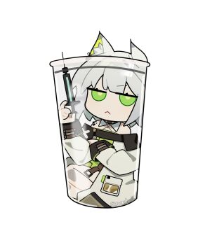 1girl :&lt; animal_ear_fluff animal_ears arknights cat_ears cat_girl coat cup green_coat green_eyes highres holding holding_syringe in_container in_cup kal&#039;tsit_(arknights) long_sleeves material_growth off_shoulder oripathy_lesion_(arknights) simple_background solo syringe white_background wwfo_2