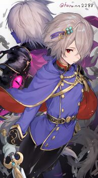 2girls alternate_form androgynous animal_ears armor black_armor black_leggings blue_cape blue_skin blue_tunic breasts cape closed_mouth colored_skin crossdressing dark_persona dog_ears dog_girl fingerless_gloves fire_emblem fire_emblem_shadows gloves grey_hair hair_ornament hair_over_one_eye haru_(nakajou-28) highres holding holding_sword holding_weapon kurt_(fire_emblem) leggings long_sleeves multiple_girls nintendo red_cape red_eyes reverse_trap short_hair small_breasts sword tail tunic weapon white_gloves