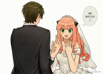 1boy 1girl absurdres aged_up anya_(spy_x_family) black_hair black_jacket black_suit commentary damian_desmond dress ducartoon earrings english_commentary english_text formal_clothes green_eyes hairpods highres jacket jewelry long_hair long_sleeves open_mouth pink_hair short_hair smile speech_bubble spy_x_family suit veil white_background white_dress white_veil