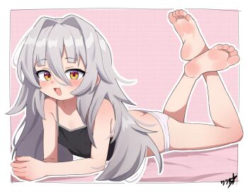 1girl absurdres barefoot boppin camisole commission feet grey_hair highres loli long_hair lying on_stomach original panties soles solo the_pose toes underwear white_panties