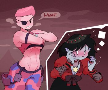 2girls abs absurdres adventure_time adventure_time:_fionna_and_cake adventure_time:_fionna_and_cake black_hair bonnibel_bubblegum_(vampire_world) breasts breath camouflage camouflage_pants cleavage clothes_lift colored_skin dabble english_text eyepatch fangs fingernails flying_sweatdrops highres jewelry marceline_abadeer medium_breasts multiple_girls muscular muscular_female necklace pants pink_hair pink_skin princess_bonnibel_bubblegum red_nails sharp_fingernails shirt_lift speech_bubble star_(symbol) star_necklace tank_top the_star_(adventure_time) underboob vampire yuri