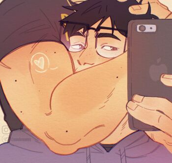 2boys arm_around_neck arm_up biceps black_hair black_shirt blue_hoodie brown_eyes cellphone commentary drawstring english_commentary glasses hand_on_another's_head heart heated_rivalry highres holding holding_phone hood hoodie ilya_rozanov looking_at_phone looking_to_the_side male_focus mashruuums multiple_boys phone shane_hollander shirt short_hair short_sleeves spoken_heart watermark yaoi