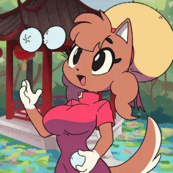 1girl animal animal_ears animated animated_gif black_eyes bouncing_breasts breasts brown_fur brown_hair bun_cover bush cat cat_ears cat_girl cat_tail china_dress chinese_clothes dress fang food forest furry gazebo hair_bun juggling lantern large_breasts looking_up low_twintails nature open_mouth original paper_lantern red_dress short_hair short_sleeves sky smile stairs standing steamed_bun tail tree twintails twistedgrim