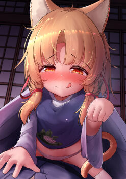 1girl absurdres animal_ear_fluff animal_ears blonde_hair blush cat_ears cat_tail commentary_request frown girl_on_top hair_ribbon half-closed_eyes hand_on_another's_chest heart heart_in_eye highres in_heat indoors licking_lips long_sleeves looking_at_viewer low-tied_medium_hair medium_hair moriya_suwako no_headwear nose_blush onkona_minazuki paid_reward_available panties parted_bangs paw_pose pov purple_vest ribbon shirt shouji sliding_doors smile symbol_in_eye tail tongue tongue_out touhou turtleneck turtleneck_shirt under_covers underwear vest white_panties white_shirt wide_sleeves yellow_eyes yellow_tail