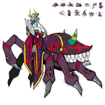 archnemon digimon digimon_(creature) hand_fan insect_girl japanese_clothes looking_at_viewer mask oridigi sabedile sharp_teeth simple_background smile spider_girl teeth white_background