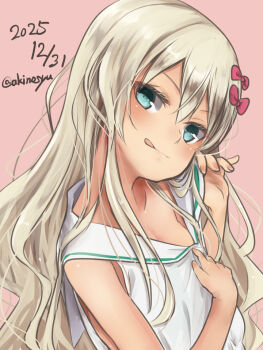 1girl akino_shuu blonde_hair commentary_request dated dress grecale_(kancolle) kantai_collection long_hair pink_background sailor_collar sailor_dress sleeveless sleeveless_dress solo tongue tongue_out twitter_username white_sailor_collar
