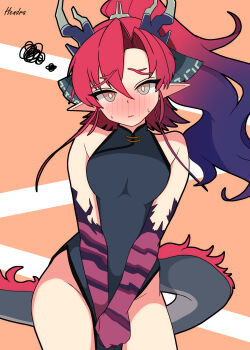 1boy absurdres arknights blush breasts china_dress chinese_clothes commentary_request dragon_horns dragon_tail dress hendra highres horns looking_at_viewer male_focus pointy_ears red_hair solo tail trap yu_(arknights)