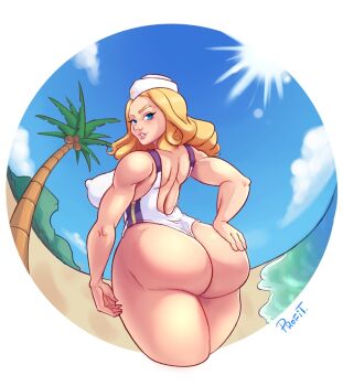 1girl artist_name ass beach blonde_hair blue_eyes english_text hat huge_ass kolin medium_hair nipples palm_tree profitart street_fighter street_fighter_v swimsuit thick_thighs thighs tree wide_hips
