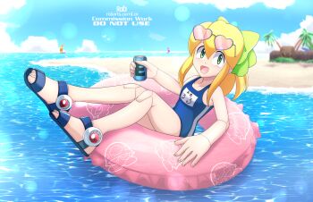 1girl :d absurdres android artist_name bare_arms bare_legs bare_shoulders beach bird blonde_hair blue_one-piece_swimsuit blue_sandals blue_sky blurry boat boulder bow breasts can cloud cloudy_sky collarbone commentary commission day depth_of_field drink_can energy_tank english_commentary eyewear_on_head fingernails green_bow green_eyes hair_between_eyes hair_bow hair_ornament heart heart-shaped_eyewear highres holding holding_can horizon innertube joints knees_up lens_flare long_hair looking_at_viewer mega_man_(classic) mega_man_(series) mega_man_x_(series) mega_man_x_dive name_tag non-circular_lens_flare ocean official_alternate_costume one-piece_swimsuit open_mouth outdoors palm_tree pink-tinted_eyewear ponytail print_innertube rob_(robarts) robot robot_girl robot_joints roll_(mega_man) sailboat sandals school_swimsuit seagull sidelocks single_vertical_stripe sitting sky small_breasts smile solo sunglasses swim_ring swimsuit swimsuit_roll_(mega_man) tinted_eyewear toenails toes tree watercraft watermark