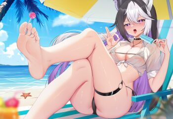 animal_ears beach bikini breasts candy cleavage cloud coconut_tree day food highres indie_virtual_youtuber lollipop long_hair looking_at_viewer medium_breasts multicolored_hair palm_tree panties popsicle purple_eyes starfish summer summer_uniform swimsuit tree umbrella underwear virtual_youtuber water zaikiai