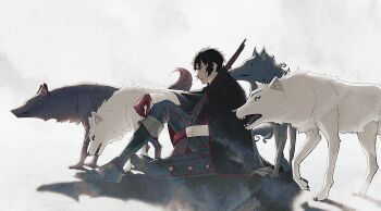 1boy animalization black_hair boots coat commentary fate/grand_order fate_(series) gun harada_sanosuke_(fate) highres hijikata_toshizou_(fate) knee_boots lv1na_ura male_focus nagakura_shinpachi_(fate) on_ground pants profile red_eyes rifle saitou_hajime_(fate) shinsengumi_(fate) short_hair sitting solo symbol-only_commentary toudou_heisuke_(fate) weapon wolf