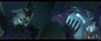 awatobi claws commentary_request cornix_(mobile_suit) crossbone_gundam crossbone_gundam:_koutetsu_no_shichinin crossbone_gundam_x-1 damaged from_side glowing glowing_eye green_eyes gundam highres letterboxed mecha mecha_focus mobile_suit no_humans portrait purple_eyes rain robot science_fiction signature skull_and_crossbones split_screen v-fin