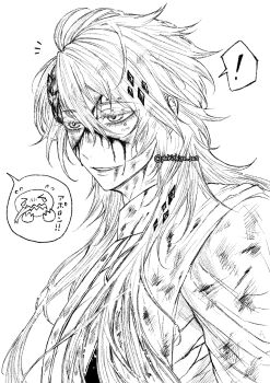 ! 1boy ancient_greek_clothes apollo_(shuumatsu_no_valkyrie) bleeding blood blood_on_face bruise brushing_hair diamond_(shape) diamond_hair_ornament dirty dirty_clothes dirty_face gem greco-roman_clothes greyscale highres injury laurel_crown laurel_wreath long_hair looking_ahead male_focus monochrome notice_lines parted_lips shuumatsu_no_valkyrie smile spoken_exclamation_mark toga very_long_hair wounds