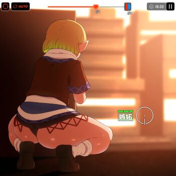 1girl ass black_panties blonde_hair blue_skirt blurry blurry_background brown_jacket brown_shoes commentary_request depth_of_field facing_away from_behind gameplay_mechanics goddess_of_victory:_nikke highres jacket meme mizuhashi_parsee nikke's_shooting_pose_(meme) panties plaid_clothes plaid_skirt pointy_ears shirosato shirt shoe_soles shoes short_hair skirt socks solo squatting touhou translation_request underwear user_interface valentine white_shirt white_socks