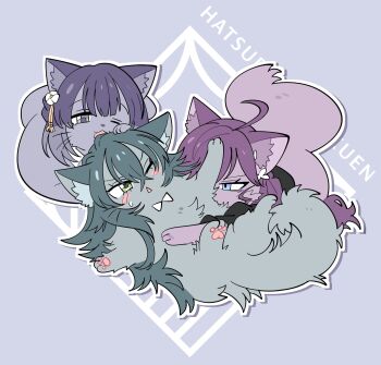 3girls ahoge animal_focus animalization blue_eyes blue_fur blush cat flower gakuen_idolmaster green_eyes green_fur green_hair hair_flower hair_ornament hataya_misuzu highres idolmaster kaya_rinha millcookie_pro multiple_girls no_humans one_eye_closed outline pawpads purple_fur purple_hair syngup!_(idolmaster) tsukimura_temari white_outline