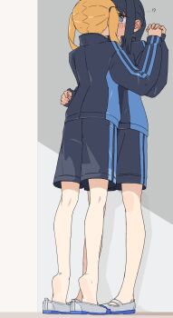 !? ...? 2girls absurdres black_hair black_jacket black_shorts blonde_hair blue_eyes blush commentary_request gym_uniform highres holding_hands interlocked_fingers jacket kiss kopaka_(karda_nui) mary_janes multiple_girls original ponytail shoes shorts tiptoes track_jacket twintails white_shoes yuri