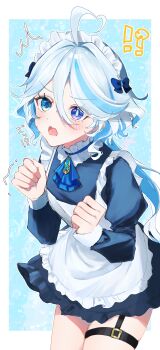 !? 1girl absurdres ahoge alternate_costume apron ascot blue_ascot blue_background blue_bow blue_dress blue_eyes blue_hair blue_pupils blush border bow commentary_request cowboy_shot dress drop-shaped_pupils frills furina_(genshin_impact) genshin_impact hair_between_eyes hair_bow heterochromia highres long_hair long_sleeves maid maid_apron maid_headdress mismatched_pupils miyu_10969 multicolored_hair open_mouth outside_border solo streaked_hair symbol-shaped_pupils thigh_strap wavy_hair white_apron white_border white_hair white_headdress